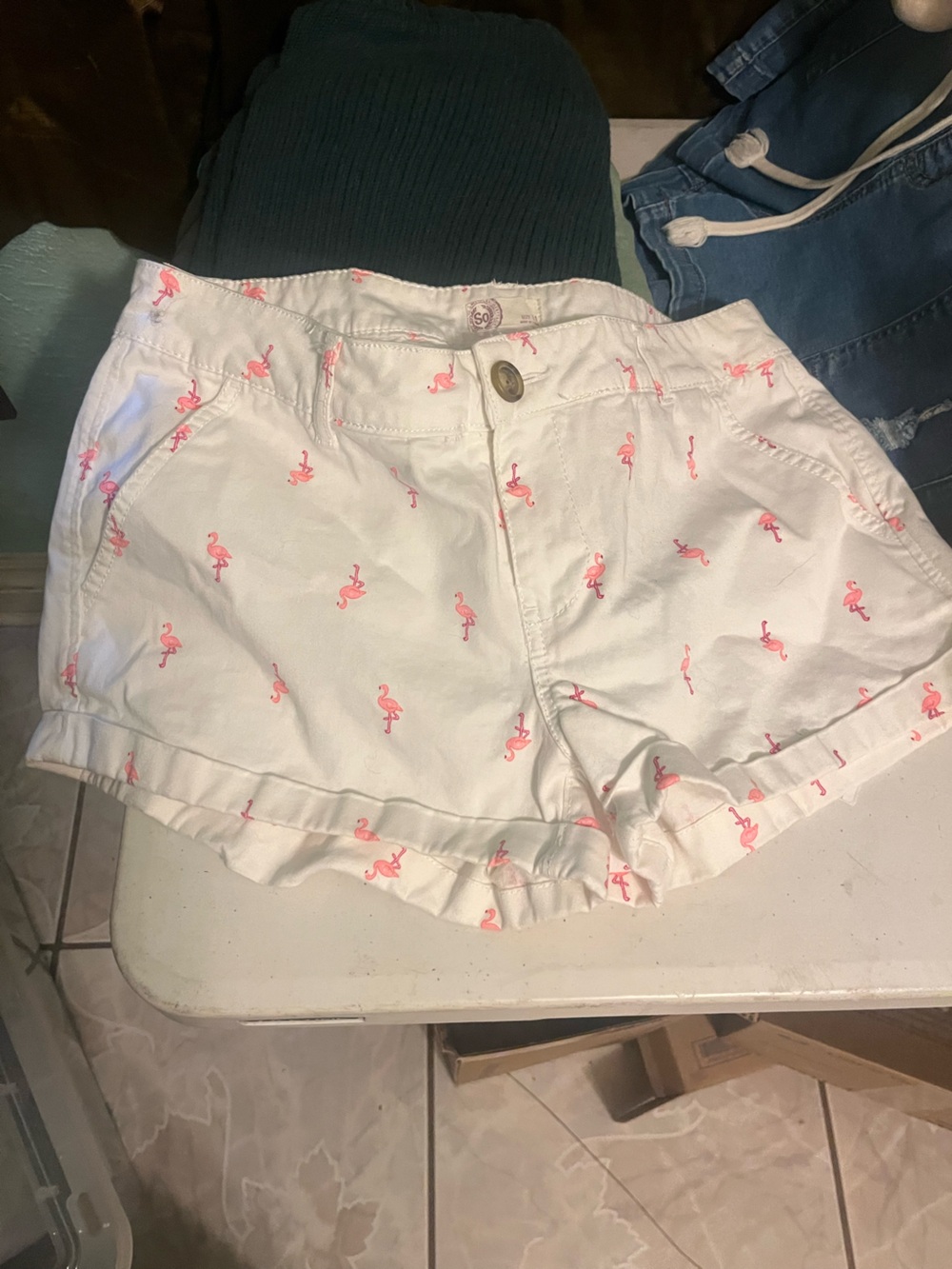 SO White High-Waist Shorts with Pink Flamingo Print